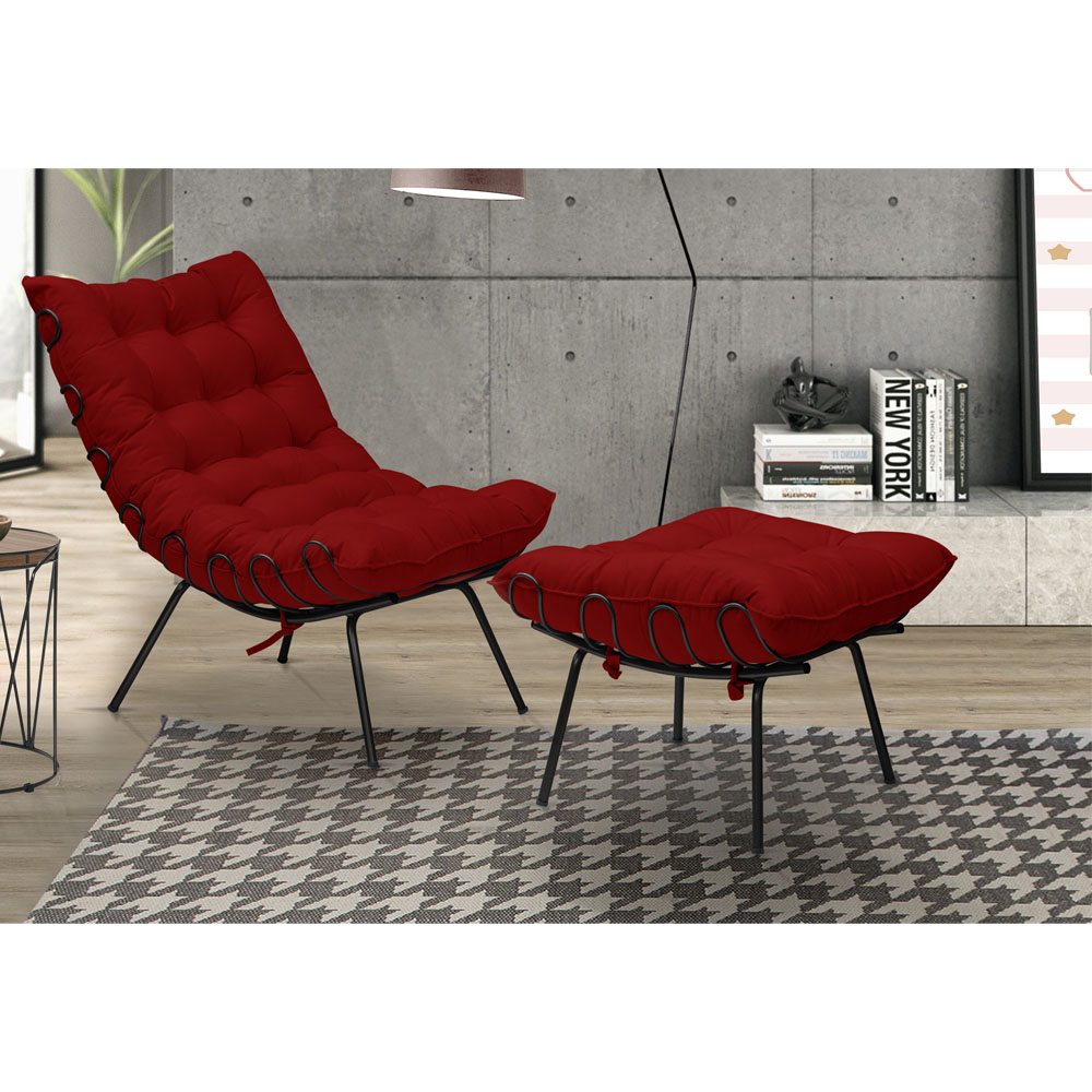 Kit Poltrona e Puff Decorativo Costela Veludo Vermelho  - Montanaris Decor