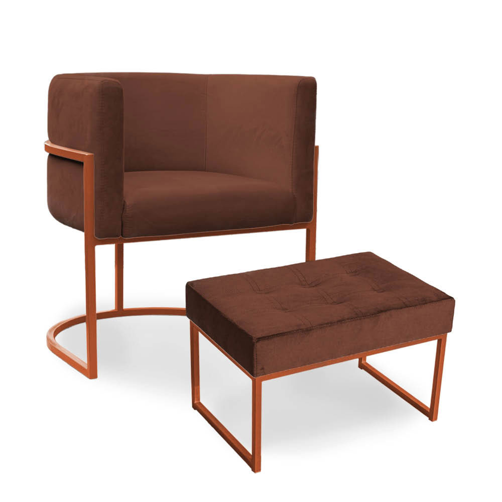 Kit Poltrona e Puff Luana Base Bronze Veludo Marrom - Montanaris Decor