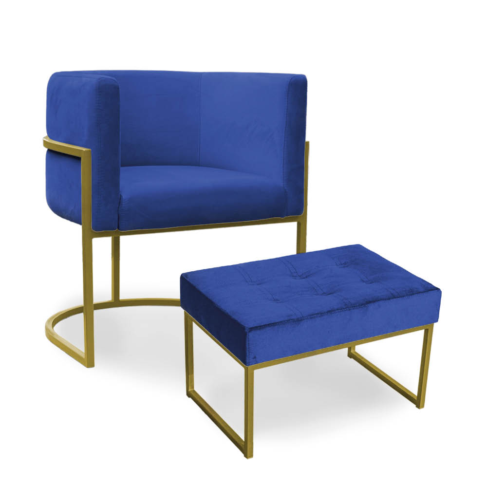 Kit Poltrona e Puff Luana Base Gold Veludo Azul Marinho - Montanaris Decor
