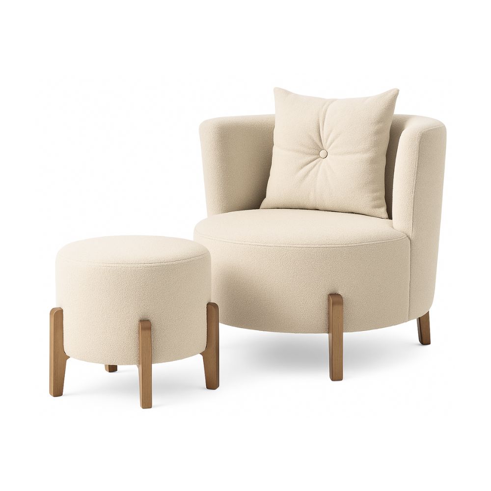 Kit Poltrona e Puff Luna Decorativa Curvo Orgânico Boucle Bege - Montanaris Decor