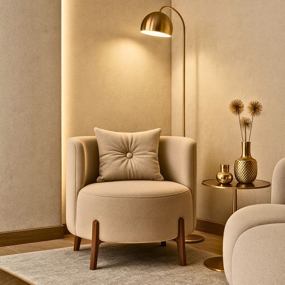 Kit Poltrona e Puff Luna Decorativa Curvo Orgânico Boucle Bege - Montanaris Decor