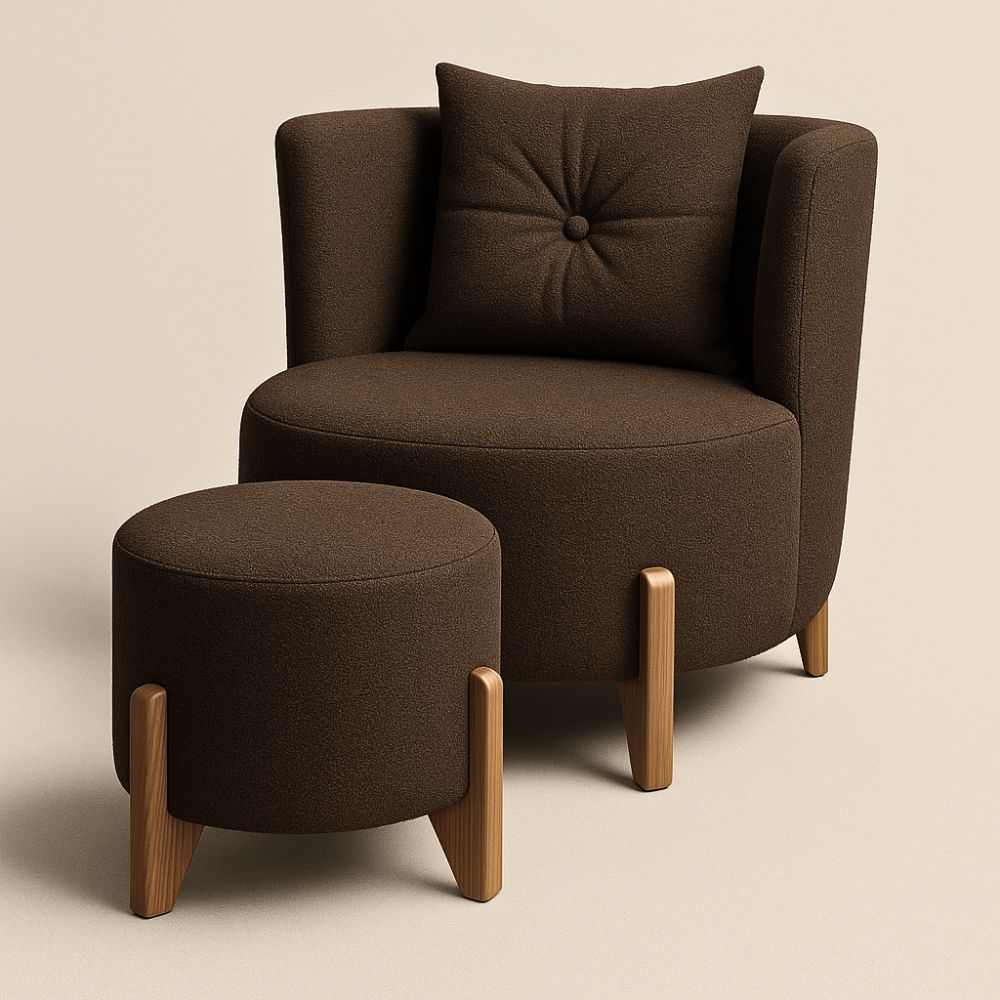 Kit Poltrona e Puff Luna Decorativa Curvo Orgânico Boucle Marrom - Montanaris Decor