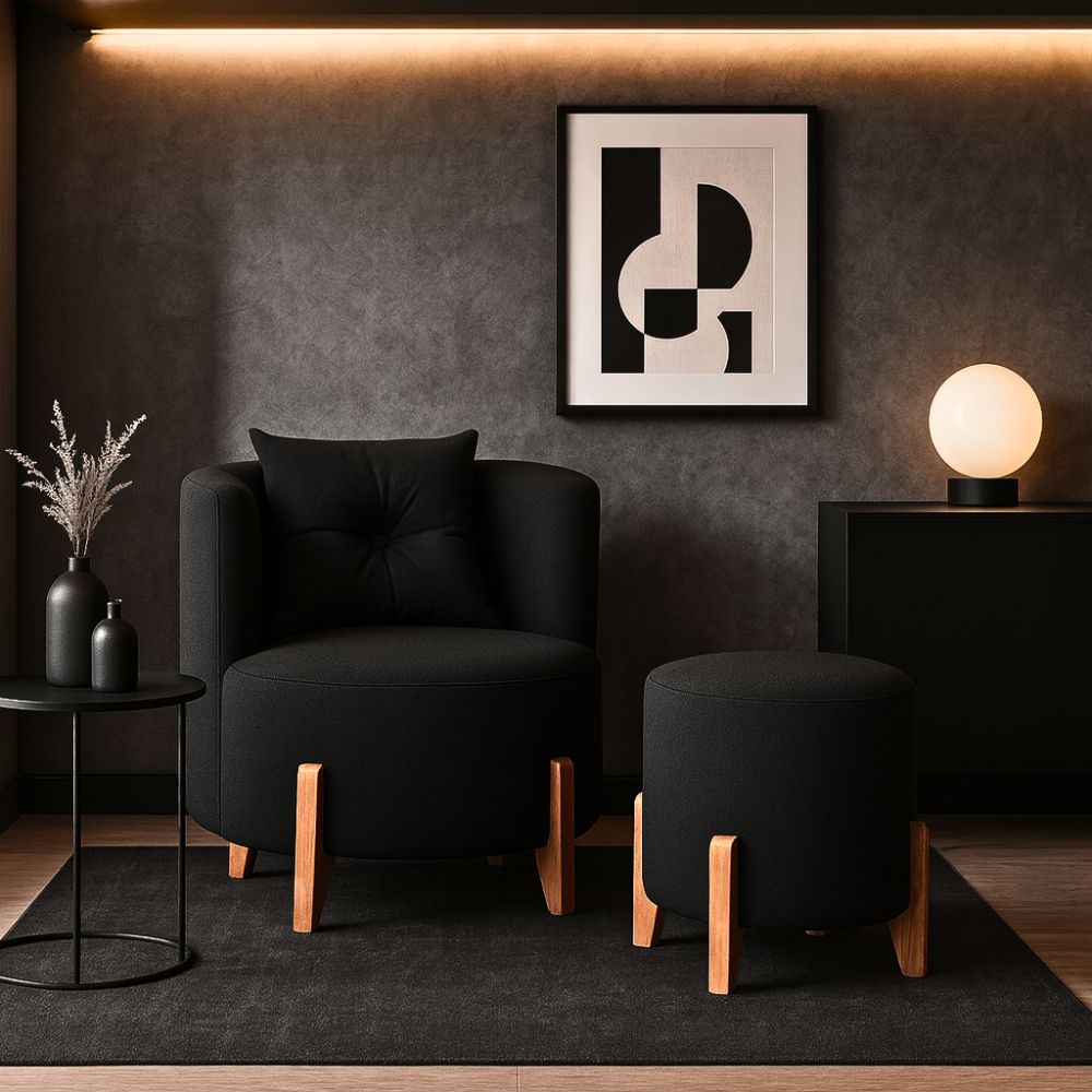 Kit Poltrona e Puff Luna Decorativa Curvo Orgânico Boucle Preto - Montanaris Decor
