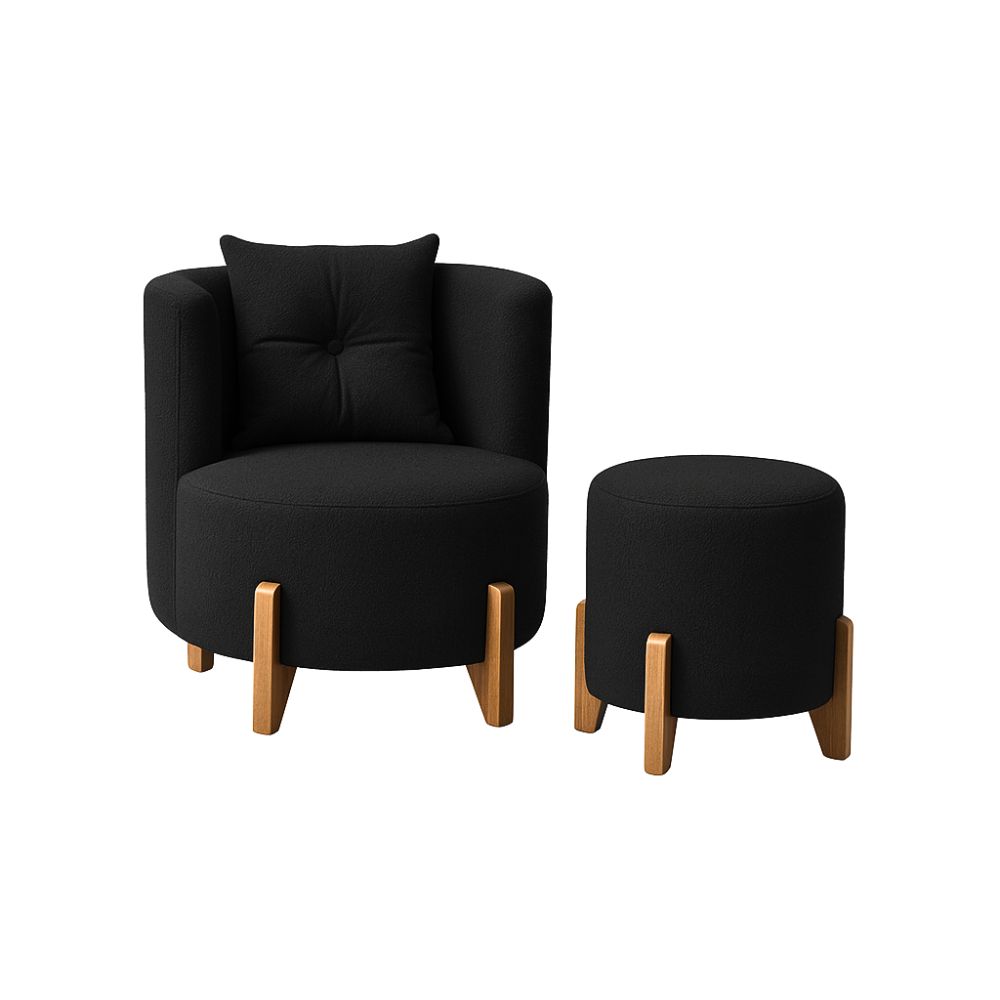 Kit Poltrona e Puff Luna Decorativa Curvo Orgânico Boucle Preto - Montanaris Decor