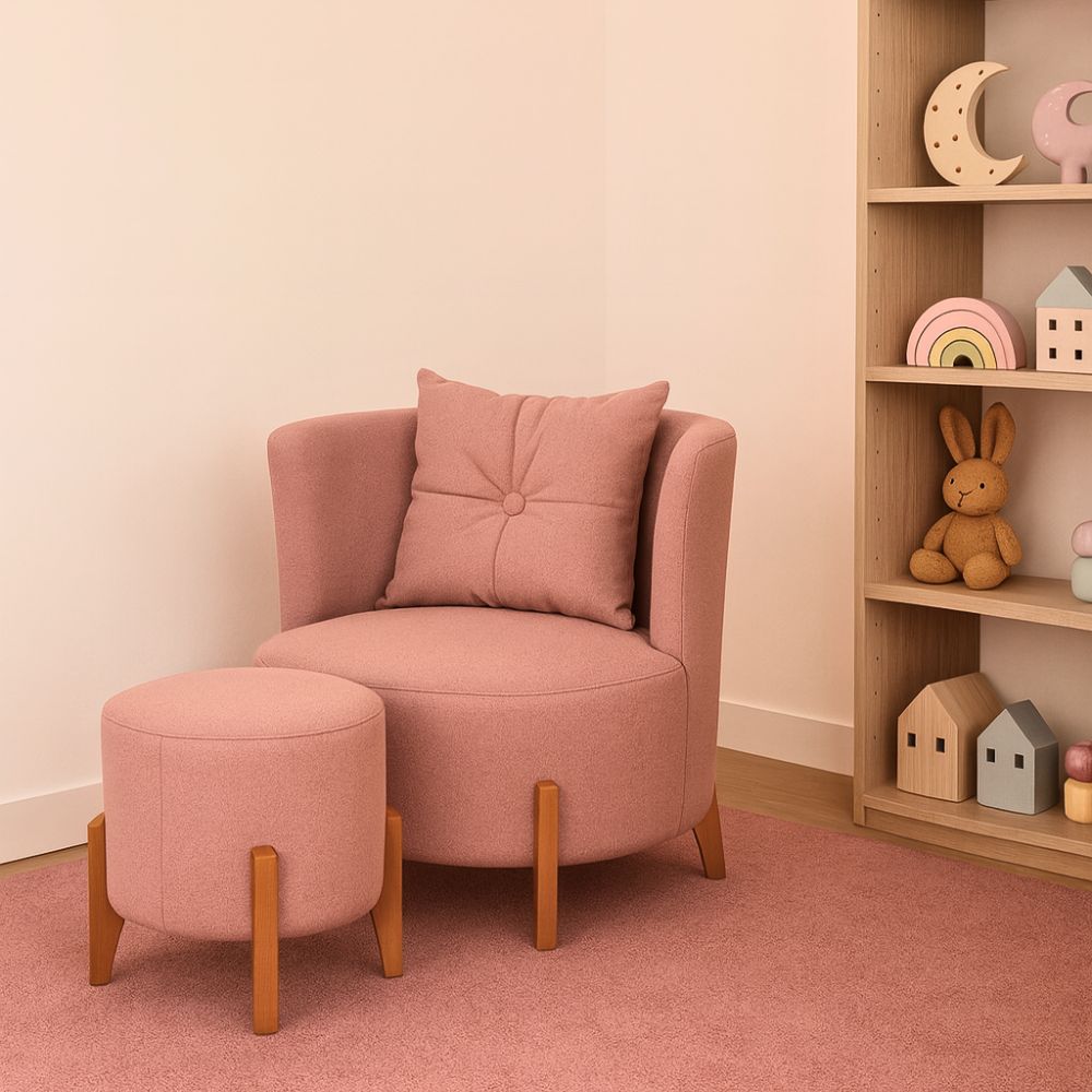 Kit Poltrona e Puff Luna Decorativa Curvo Orgânico Boucle Rosa - Montanaris Decor