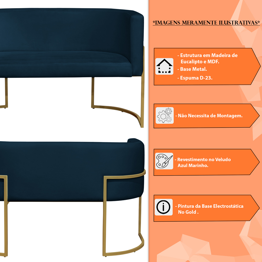 Namoradeira 2 Lugares Decorativa Luana Base Gold Veludo Azul Marinho - Montanaris Decor