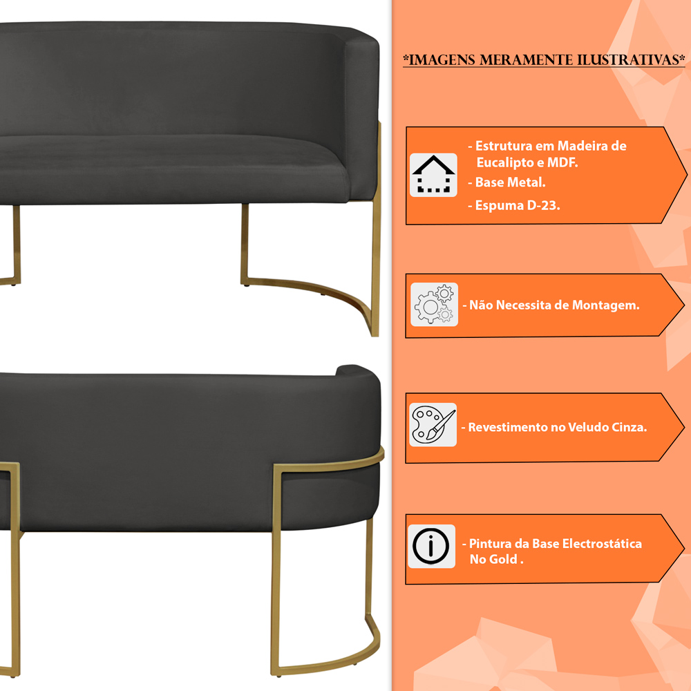 Namoradeira 2 Lugares Decorativa Luana Base Gold Veludo Cinza - Montanaris Decor