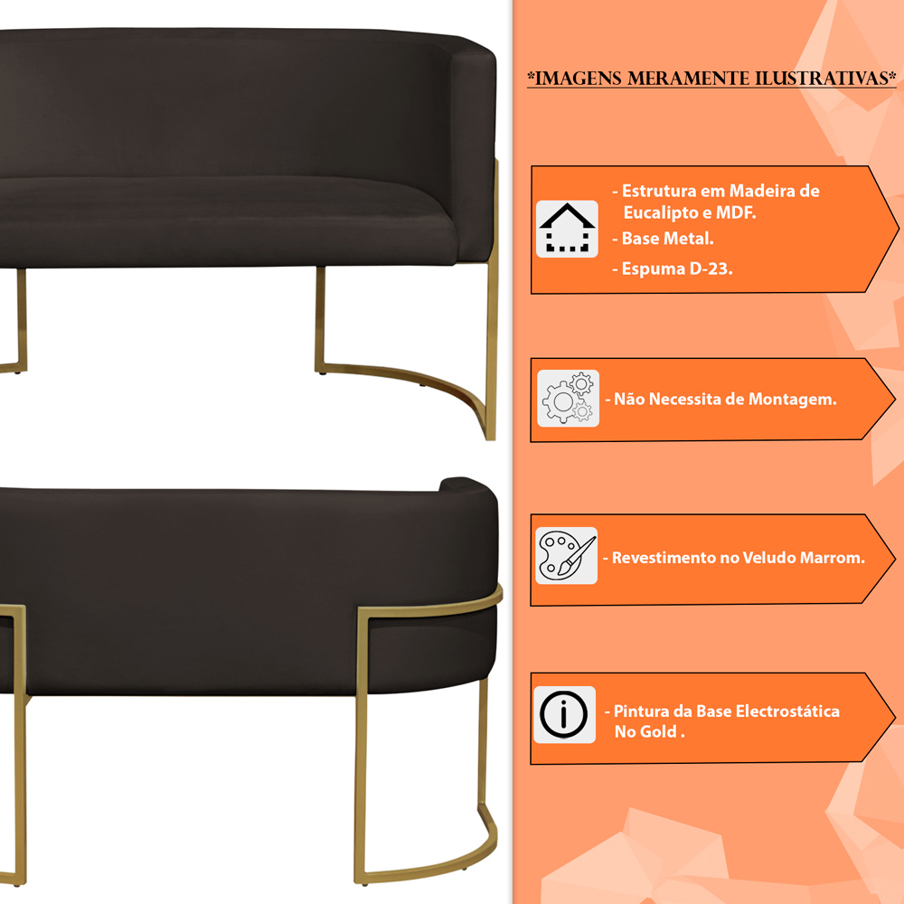 Namoradeira 2 Lugares Decorativa Luana Base Gold Veludo Marrom - Montanaris Decor
