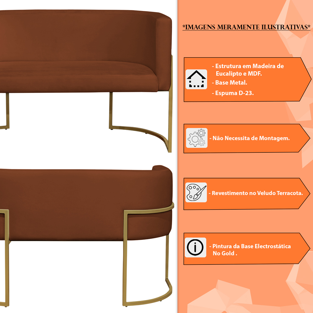 Namoradeira 2 Lugares Decorativa Luana Base Gold Veludo Terracota - Montanaris Decor