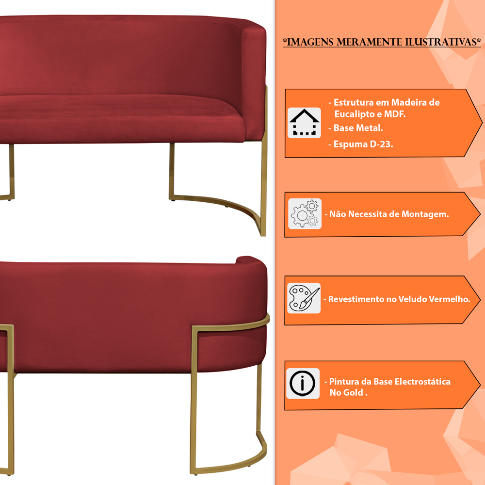Namoradeira 2 Lugares Decorativa Luana Base Gold Veludo Vermelho - Montanaris Decor