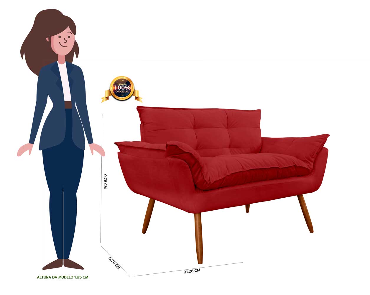 Namoradeira Decorativa para Sala de Estar Opala Suede Vermelho - Montanaris Decor