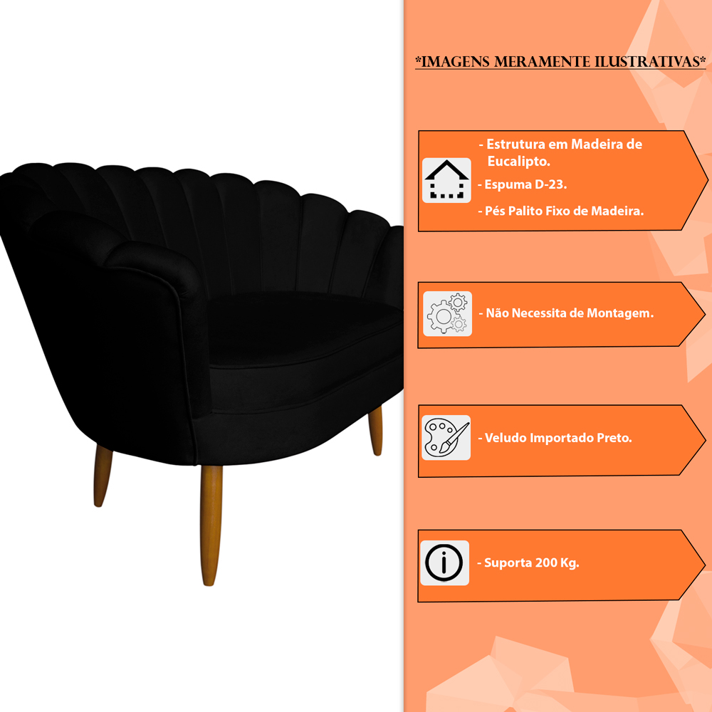 Namoradeira Pétala 2 Lugares Decorativa Veludo Preto - Montanaris Decor