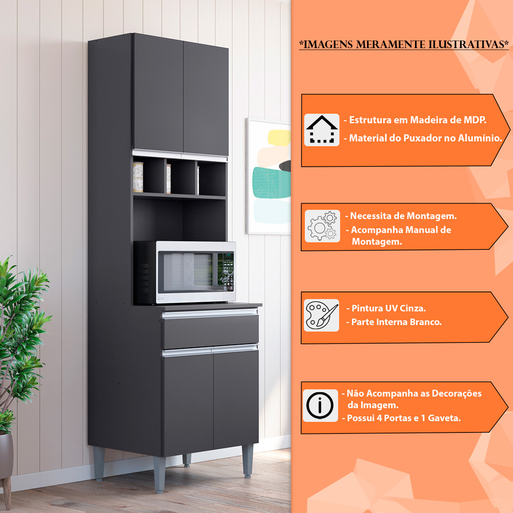 Paneleiro 4 Portas para Cozinha Madrid Cinza - Montanaris Decor