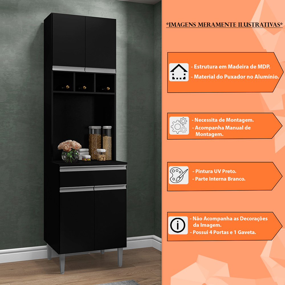 Paneleiro 4 Portas para Cozinha Madrid Preto - Montanaris Decor