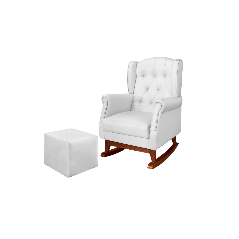 Poltrona Amamentação Balanço Canoa Letícia c/Puff Reto Courino Branco - Montanaris Decor