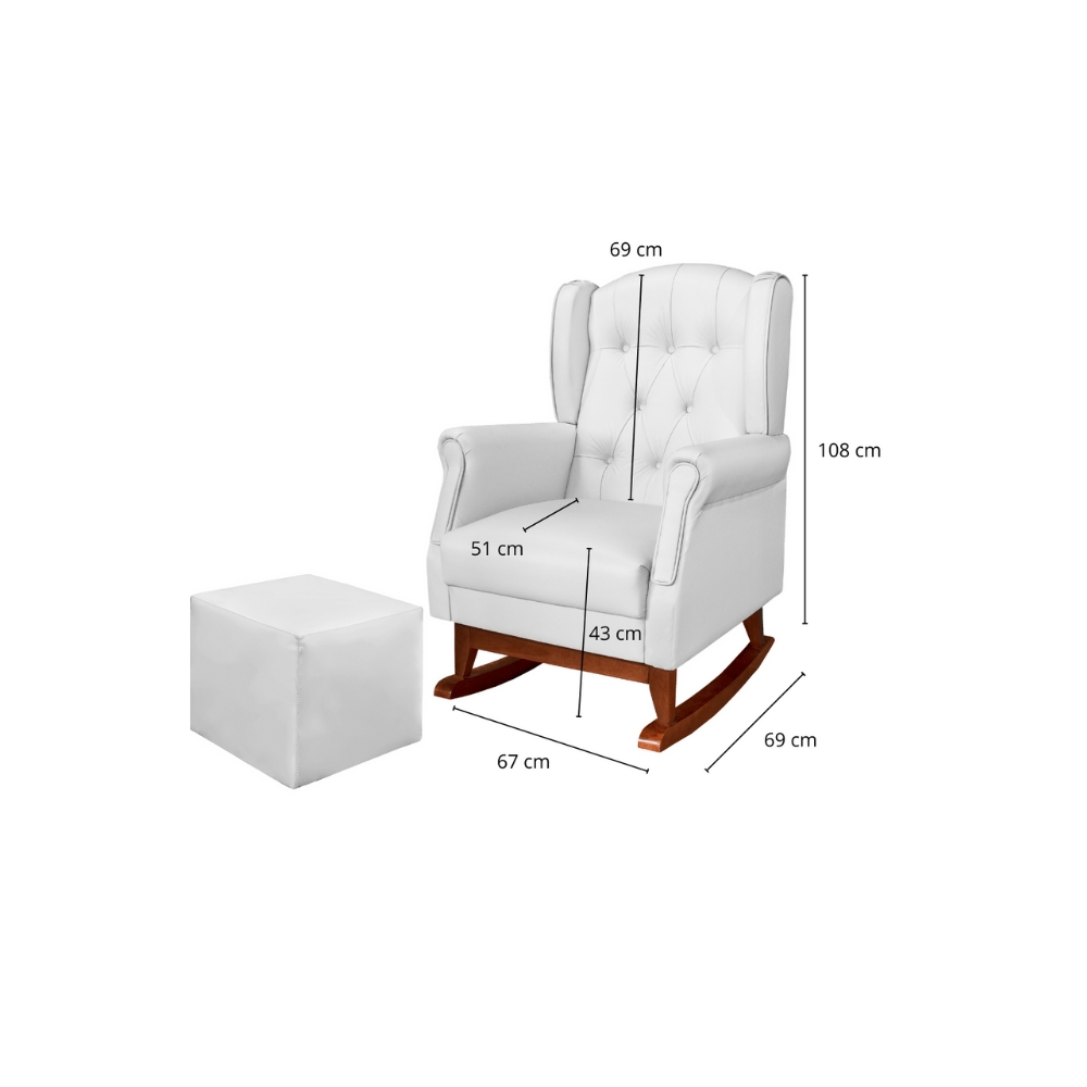 Poltrona Amamentação Balanço Canoa Letícia c/Puff Reto Courino Branco - Montanaris Decor
