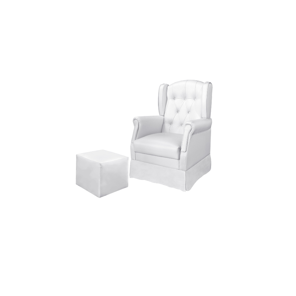 Poltrona Amamentação Balanço Letícia c/Puff Reto Courino Branco - Montanaris Decor