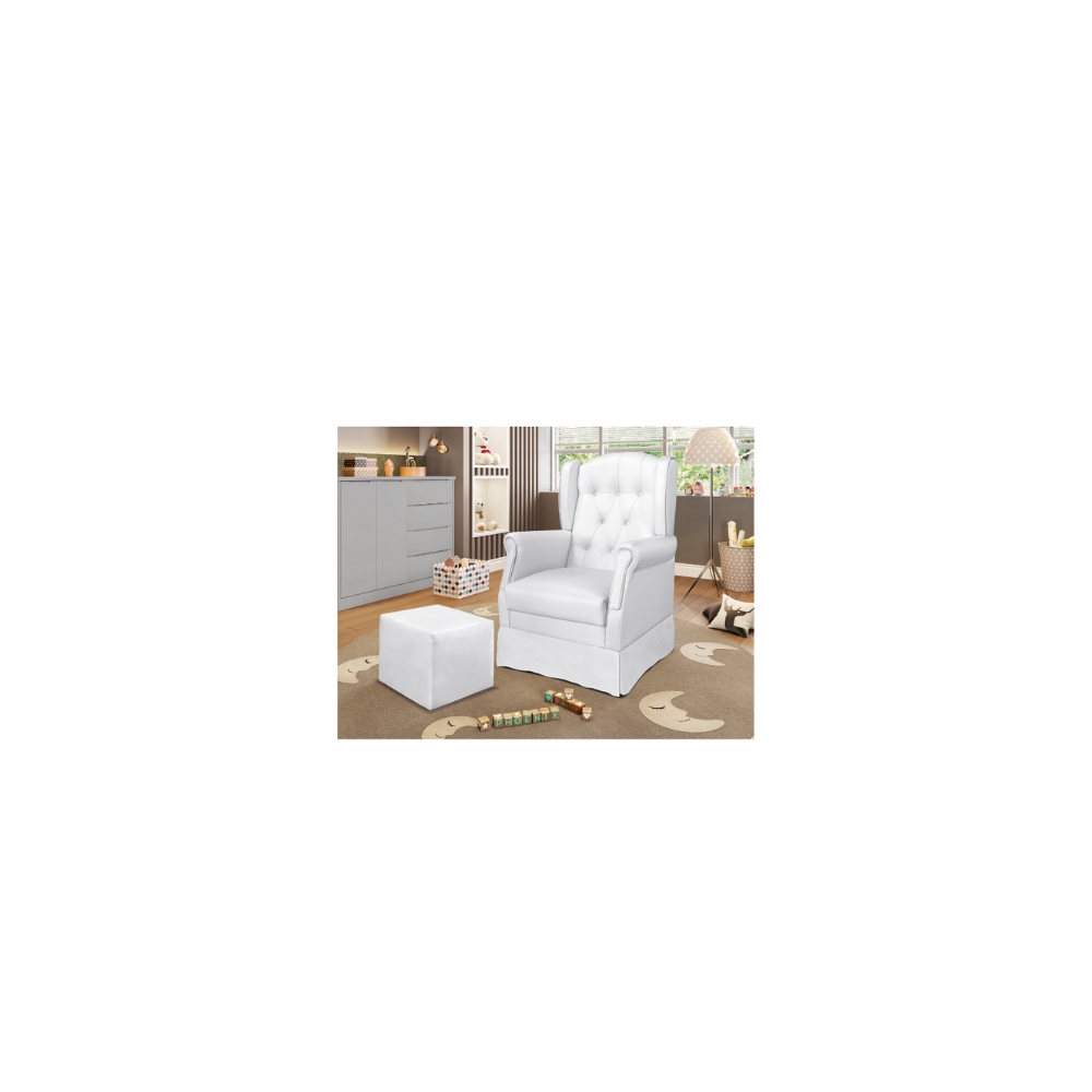 Poltrona Amamentação Balanço Letícia c/Puff Reto Courino Branco - Montanaris Decor