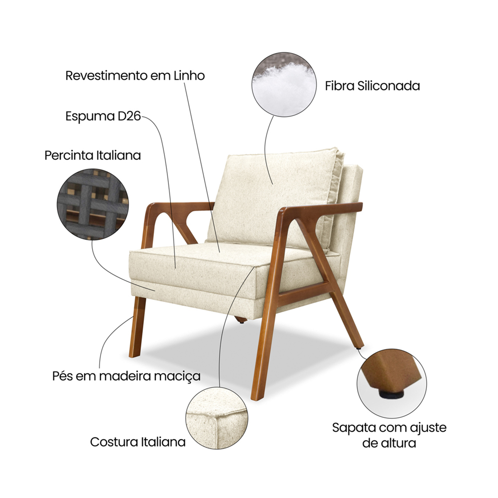 Poltrona Decorativa Ana para Sala de Estar Linho Off White - Montanaris Decor