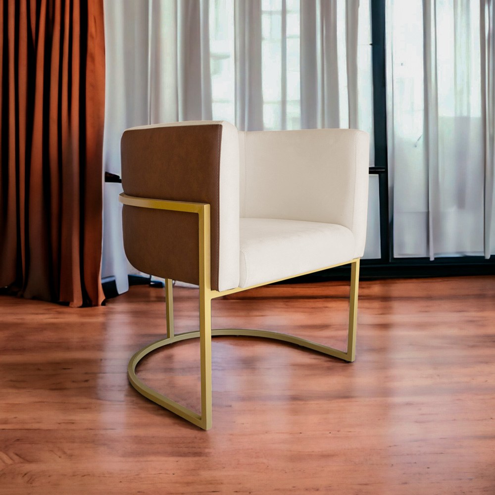 Poltrona Decorativa Cristal Base Gold Veludo Bege/Pu Caramelo - Montanaris Decor