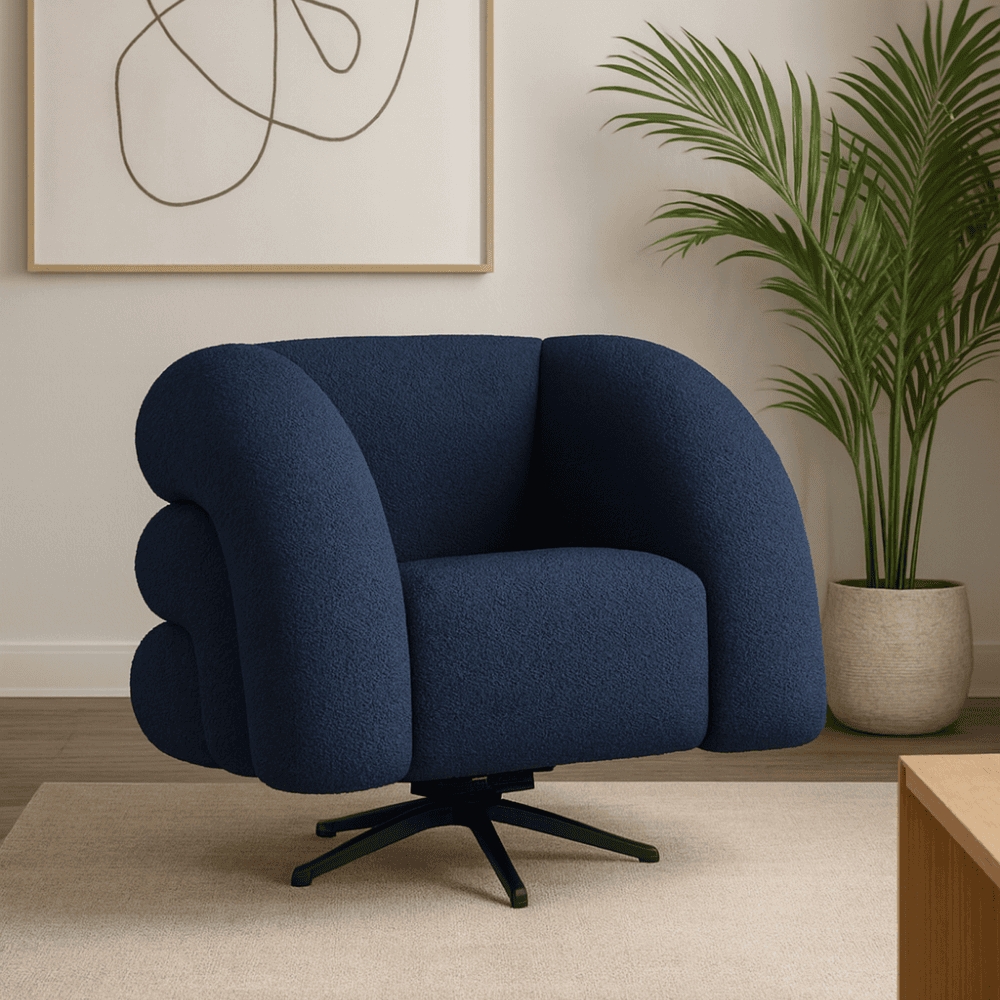 Poltrona Decorativa Giratória Micheli Orgânica Boucle Azul Marinho - Montanaris Decor