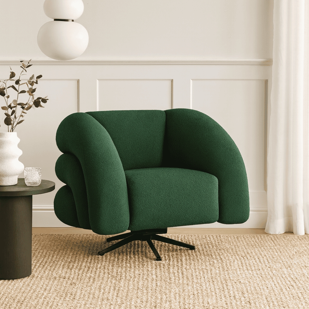 Poltrona Decorativa Giratória Micheli Orgânica Boucle Verde- Montanaris Decor