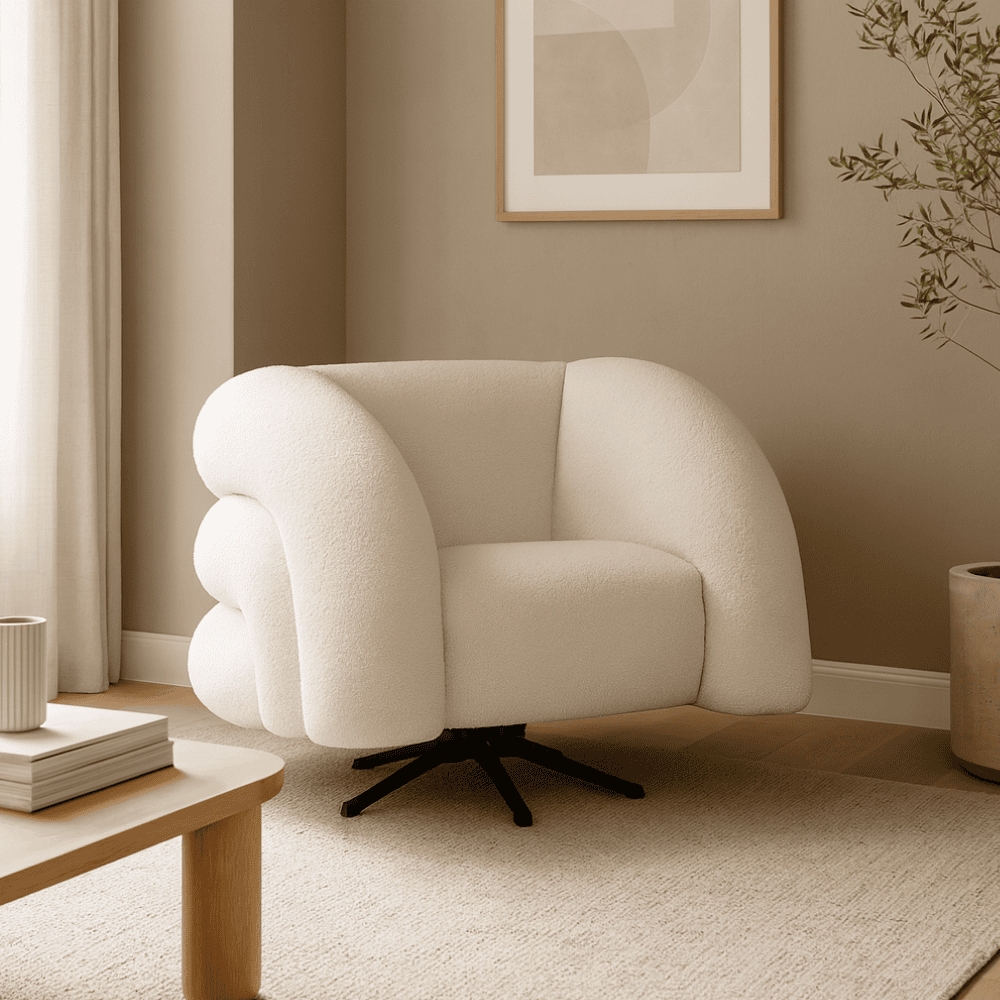 Poltrona Decorativa Giratória Micheli Organica Boucle Bege  - Montanaris Decor