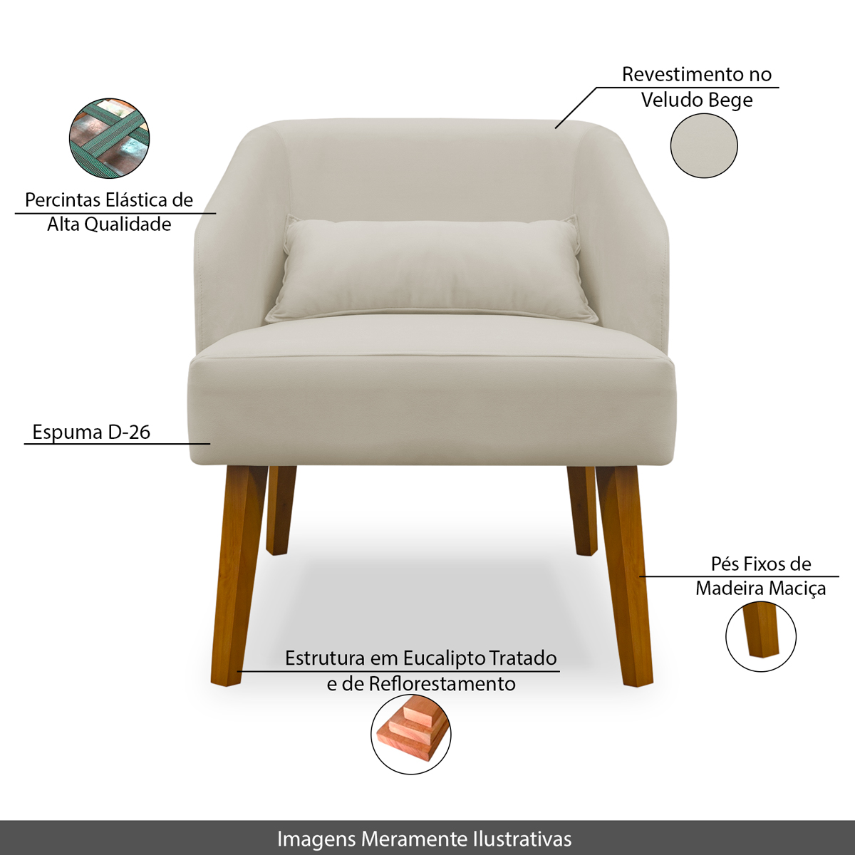Poltrona Decorativa com Puff Virgínia Veludo Bege - Montanaris Decor