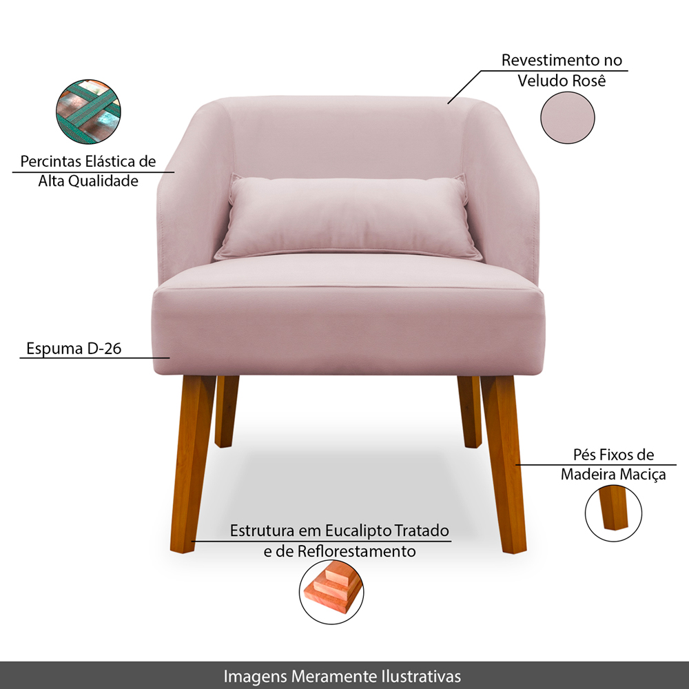 Poltrona Decorativa com Puff Virgínia Veludo Rosê  - Montanaris Decor