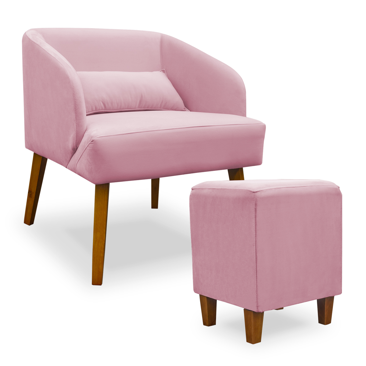 Poltrona Decorativa com Puff Virgínia Veludo Rosa - Montanaris Decor