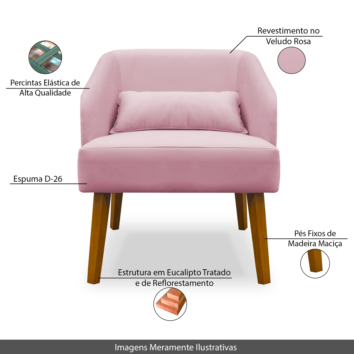 Poltrona Decorativa com Puff Virgínia Veludo Rosa - Montanaris Decor
