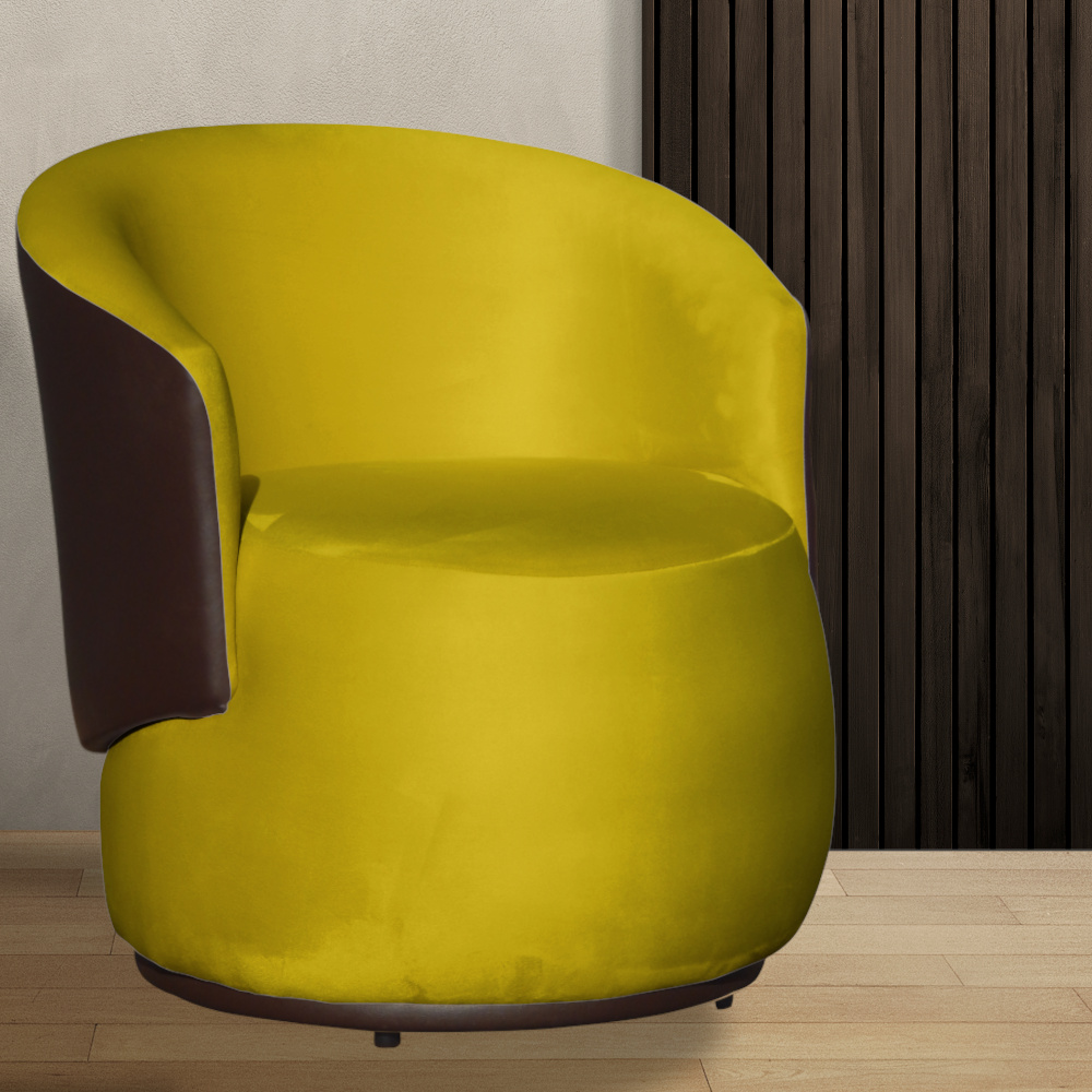 Poltrona Orgânica Decorativa Beatriz Veludo Amarelo/PU Marrom - Montanaris Decor
