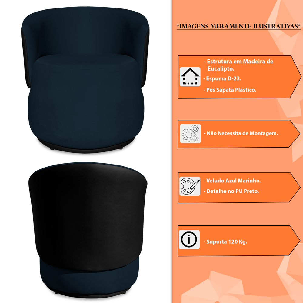 Poltrona Orgânica Decorativa Lara Veludo Azul Marinho/PU Preto - Montanaris Decor