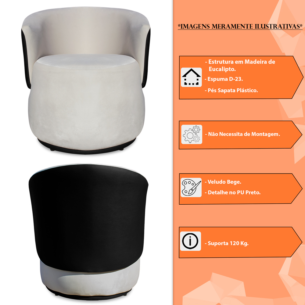 Poltrona Orgânica Decorativa Lara Veludo Bege/PU Preto - Montanaris Decor