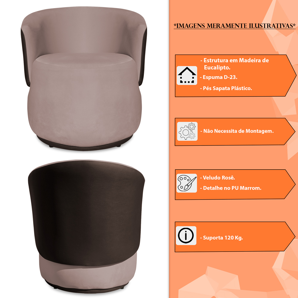 Poltrona Orgânica Decorativa Lara Veludo Rosê/PU Marrom - Montanaris Decor