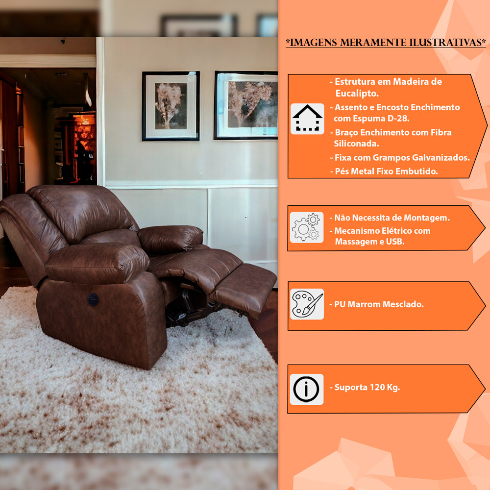 Poltrona do Papai Elétrica com Massagem e USB Chelsea Para Sala de Estar PU Marrom - Montanaris Decor