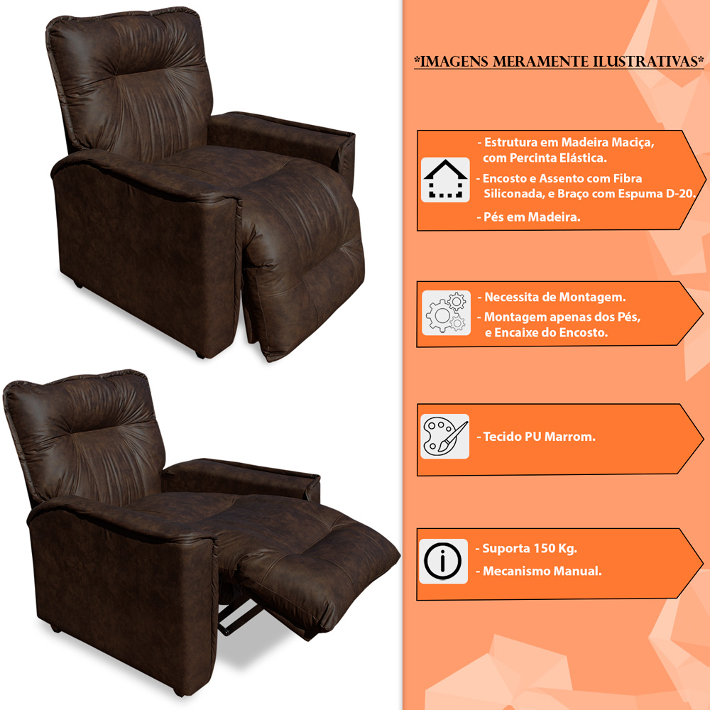 Poltrona do Papai Reclinável Manual Comfort PU Marrom - Montanaris Decor