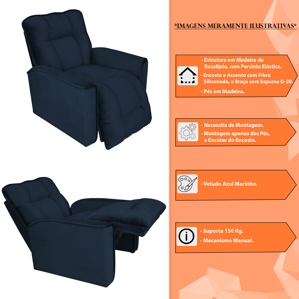 Poltrona do Papai Reclinável Manual Comfort Veludo Azul Marinho - Montanaris Decor