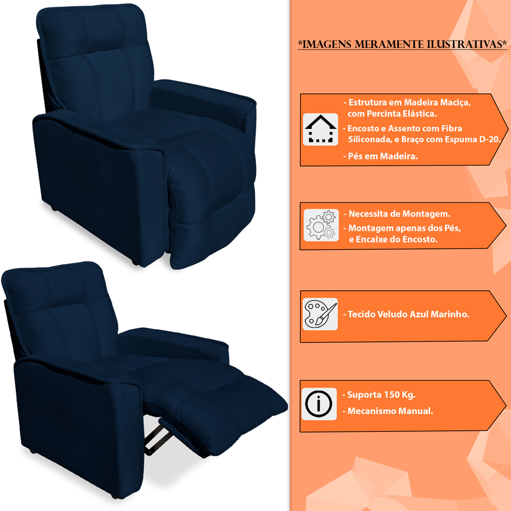 Poltrona do Papai Reclinável Manual Comfort Veludo Azul Marinho - Montanaris Decor
