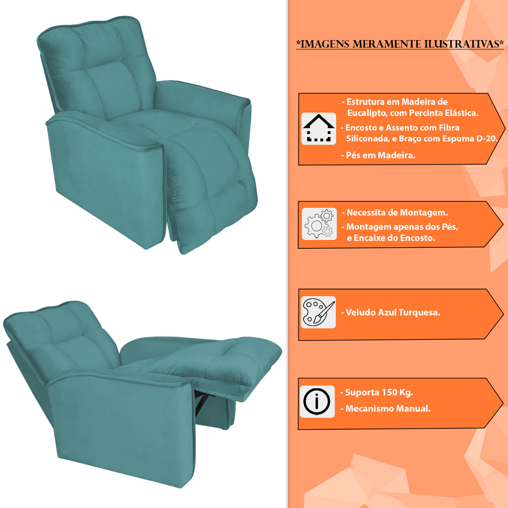 Poltrona do Papai Reclinável Manual Comfort Veludo Azul Turquesa - Montanaris Decor