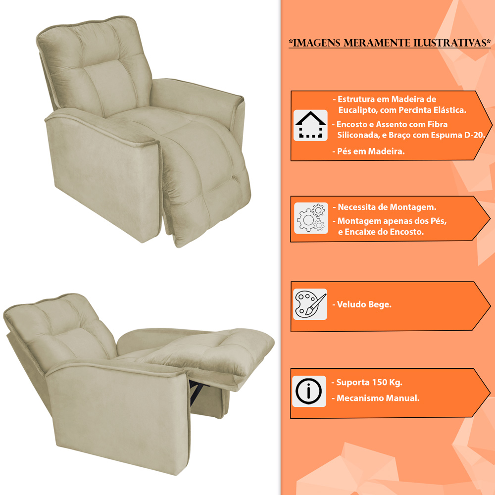 Poltrona do Papai Reclinável Manual Comfort Veludo Bege - Montanaris Decor
