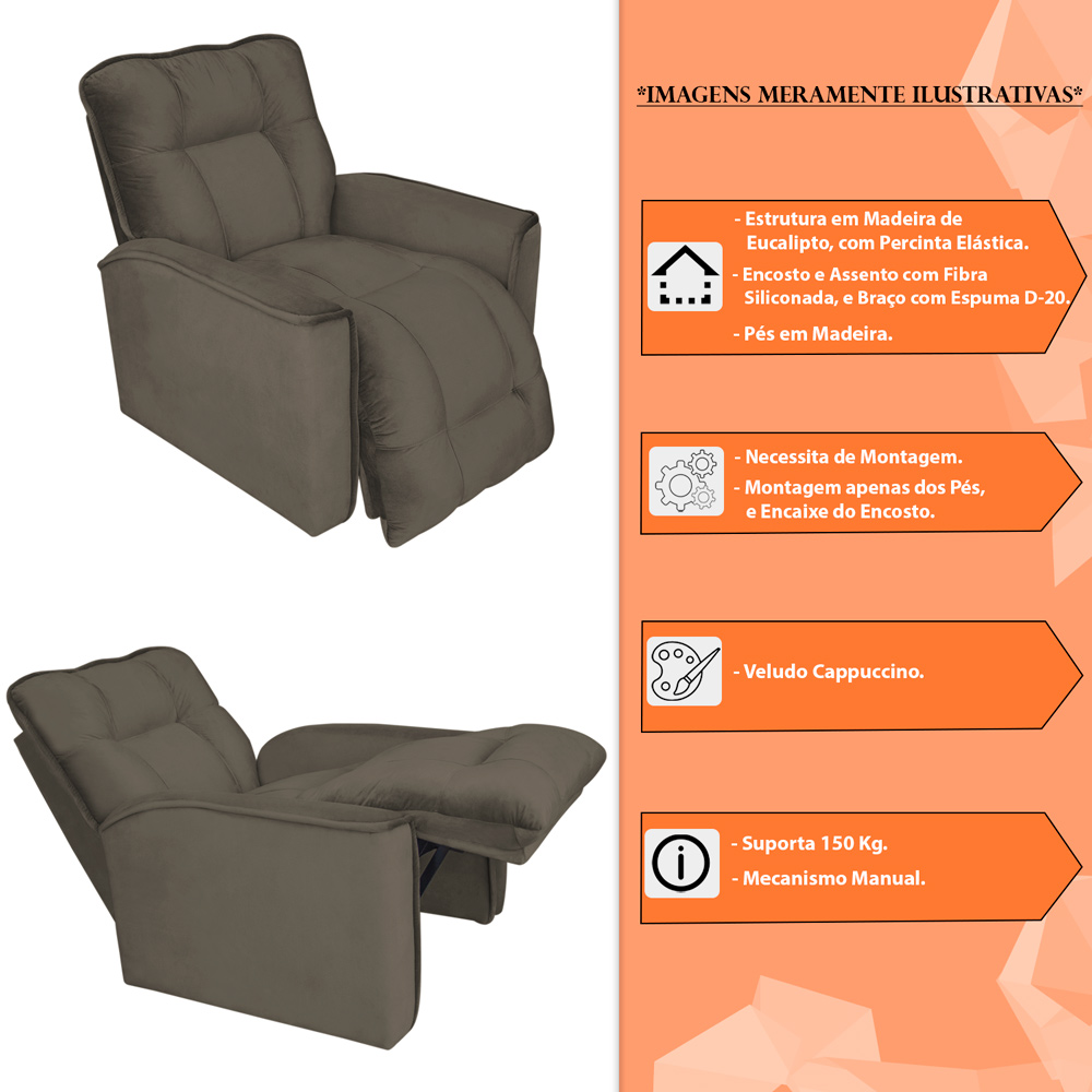 Poltrona do Papai Reclinável Manual Comfort Veludo Cappuccino - Montanaris Decor