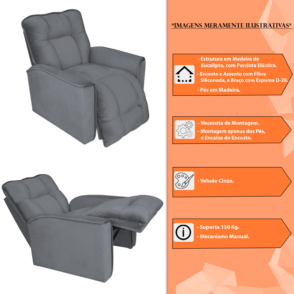 Poltrona do Papai Reclinável Manual Comfort Veludo Cinza - Montanaris Decor