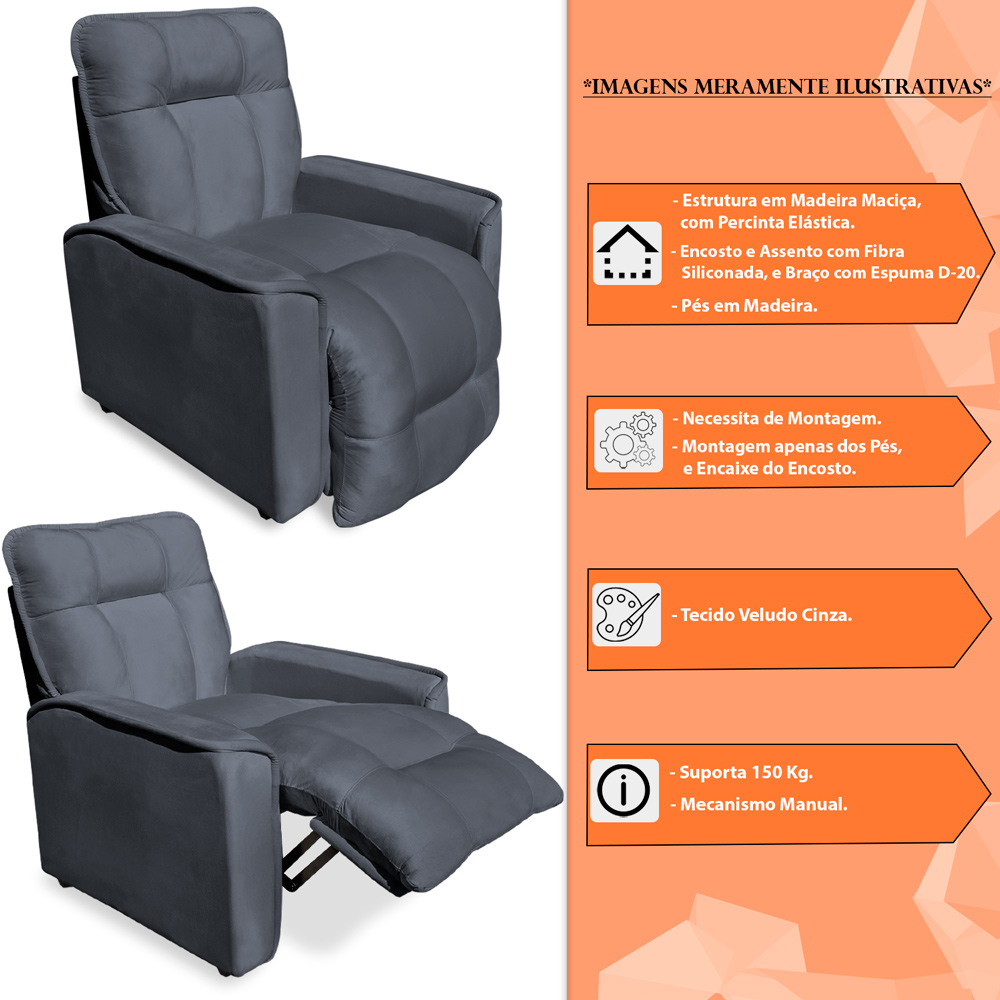 Poltrona do Papai Reclinável Manual Comfort Veludo Cinza - Montanaris Decor