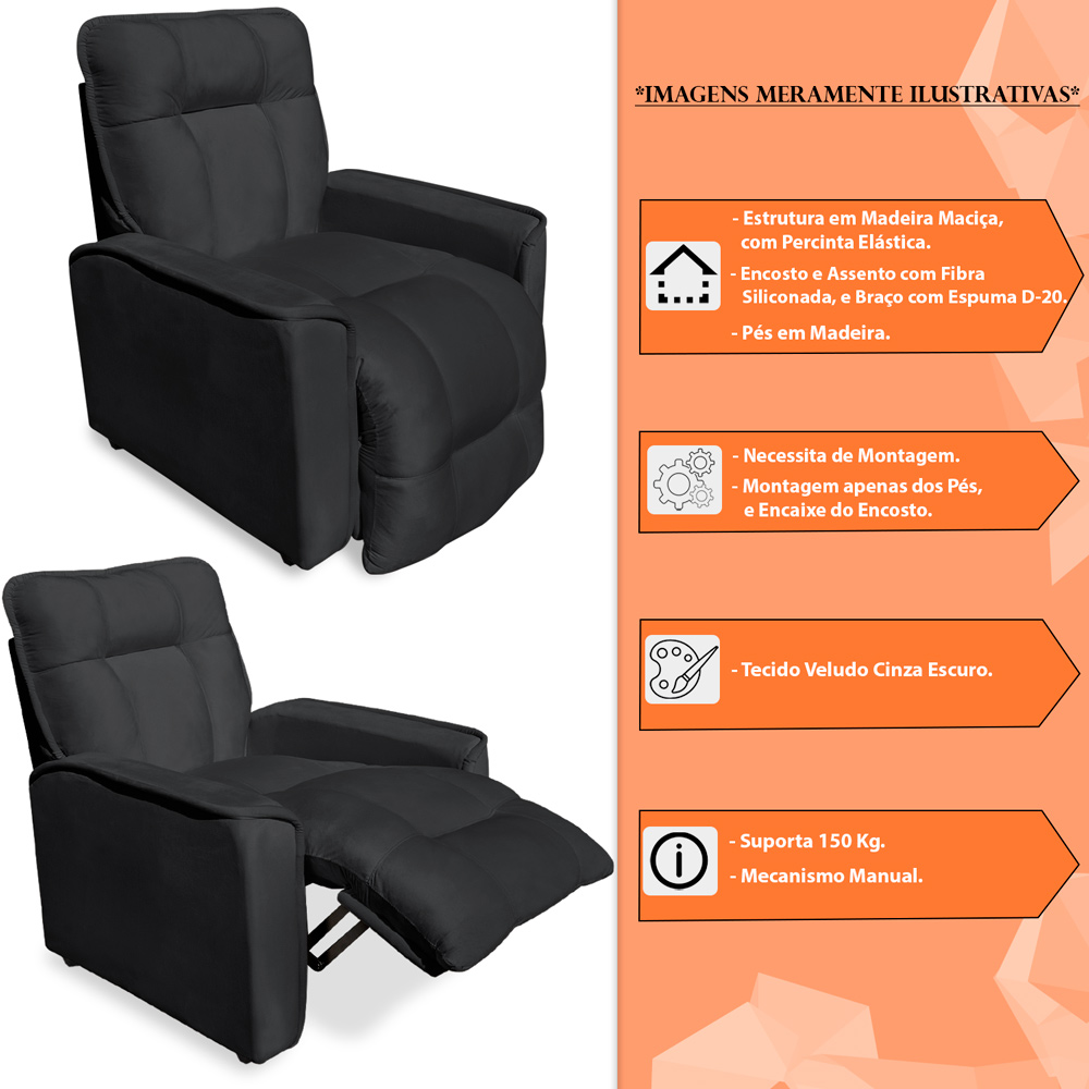 Poltrona do Papai Reclinável Manual Comfort Veludo Cinza Escuro - Montanaris Decor