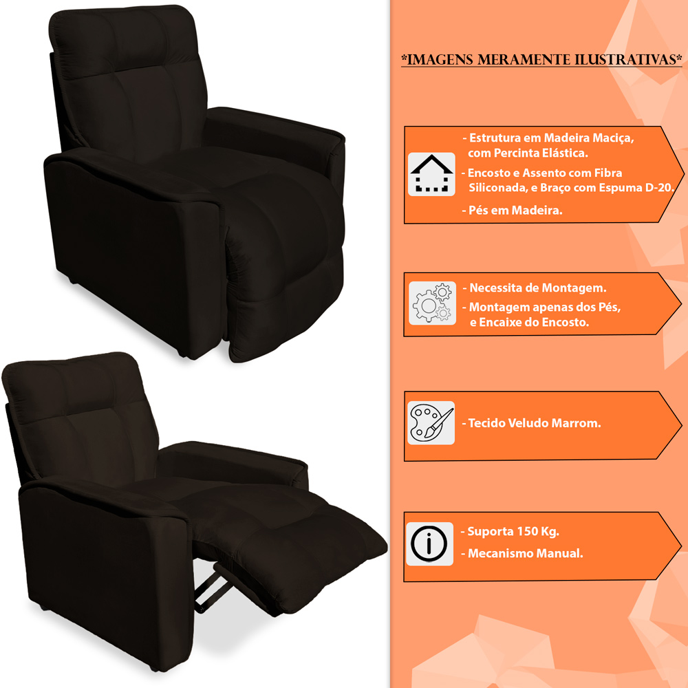 Poltrona do Papai Reclinável Manual Comfort Veludo Marrom - Montanaris Decor