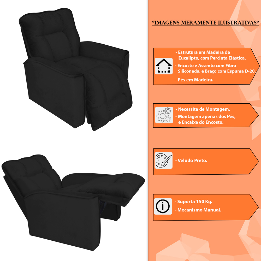 Poltrona do Papai Reclinável Manual Comfort Veludo Preto - Montanaris Decor
