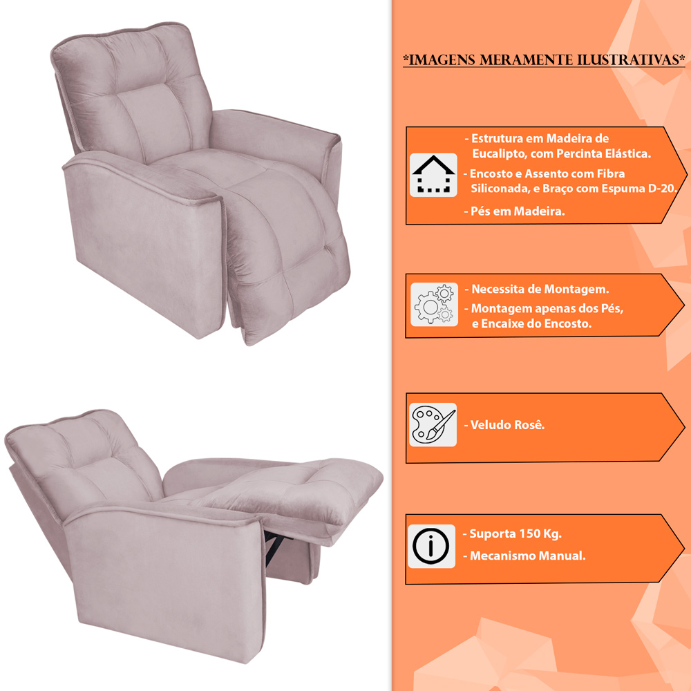 Poltrona do Papai Reclinável Manual Comfort Veludo Rosê - Montanaris Decor