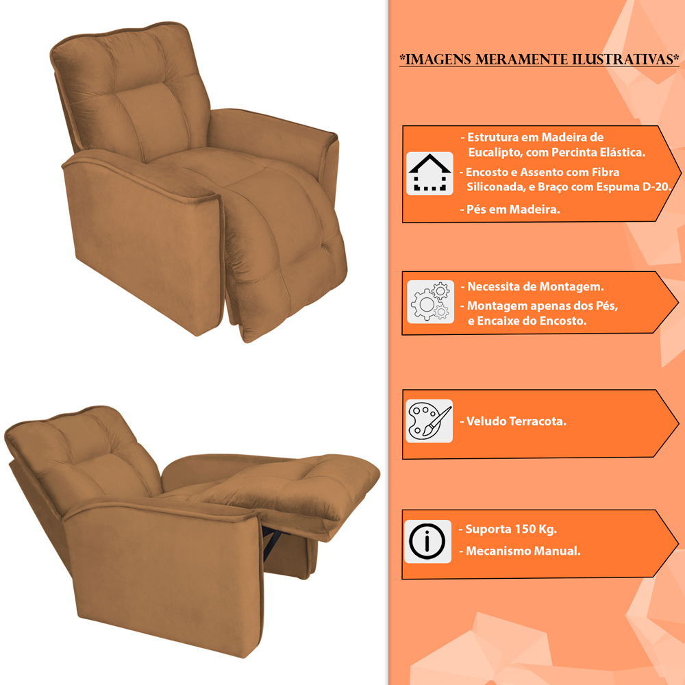 Poltrona do Papai Reclinável Manual Comfort Veludo Terracota - Montanaris Decor