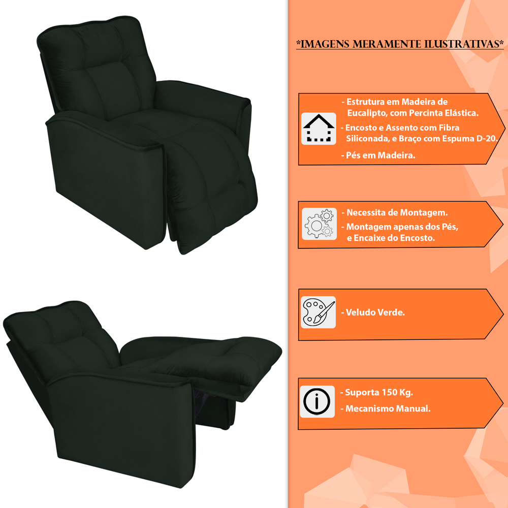 Poltrona do Papai Reclinável Manual Comfort Veludo Verde - Montanaris Decor